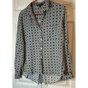 Velvet Heart Button Down Geometric Blue Brown White Long Sleeve Shirt Size Large